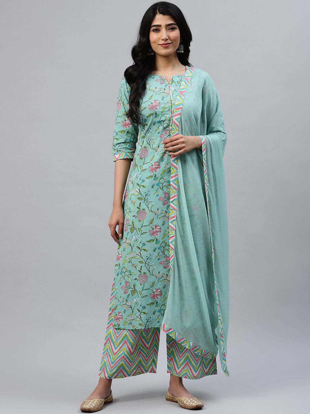 Libas Women Green Striped Kurta with Palazzos & Dupatta