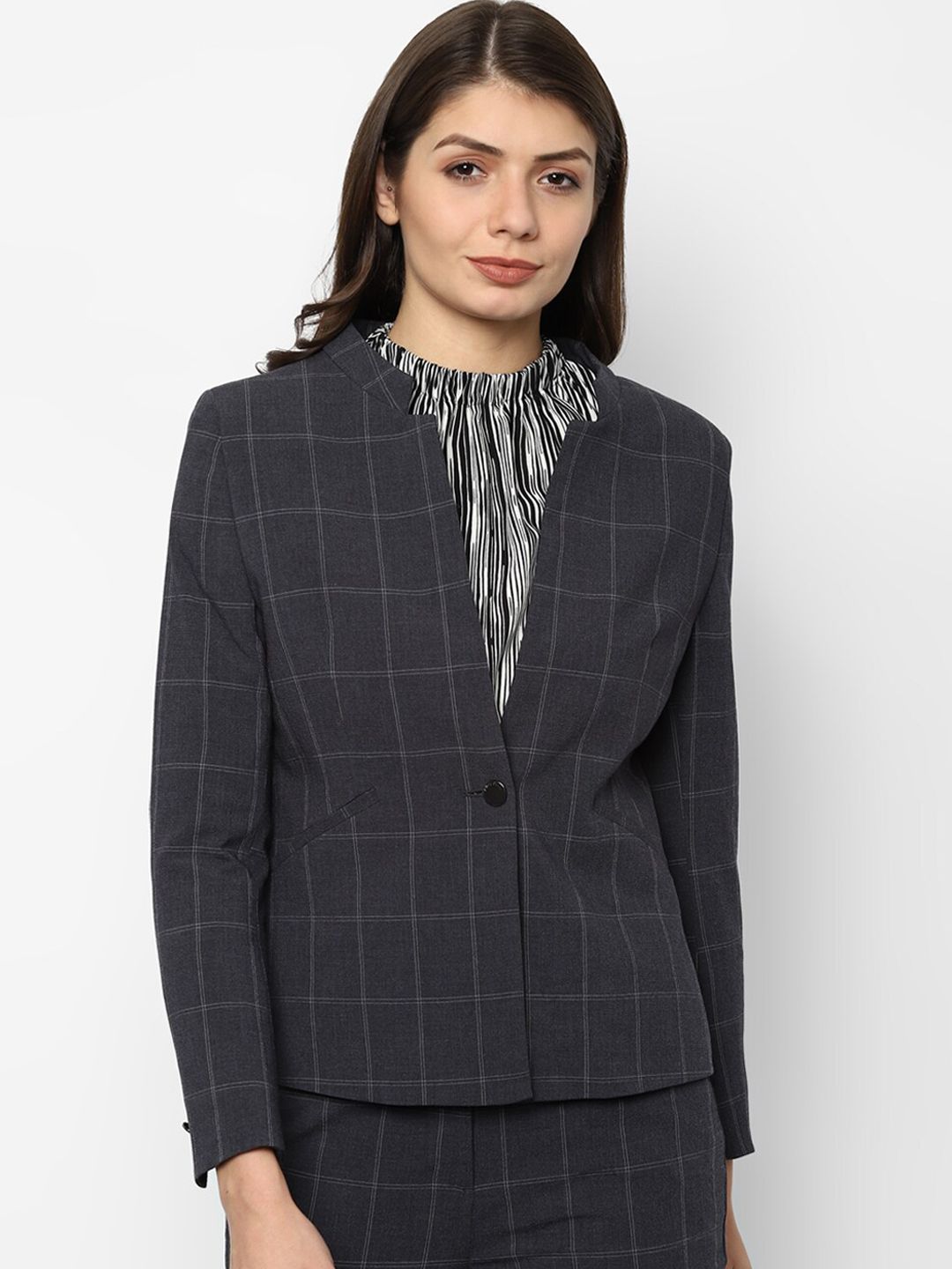 Allen Solly Woman Women Grey Checked Single-Breasted Blazer Price in India