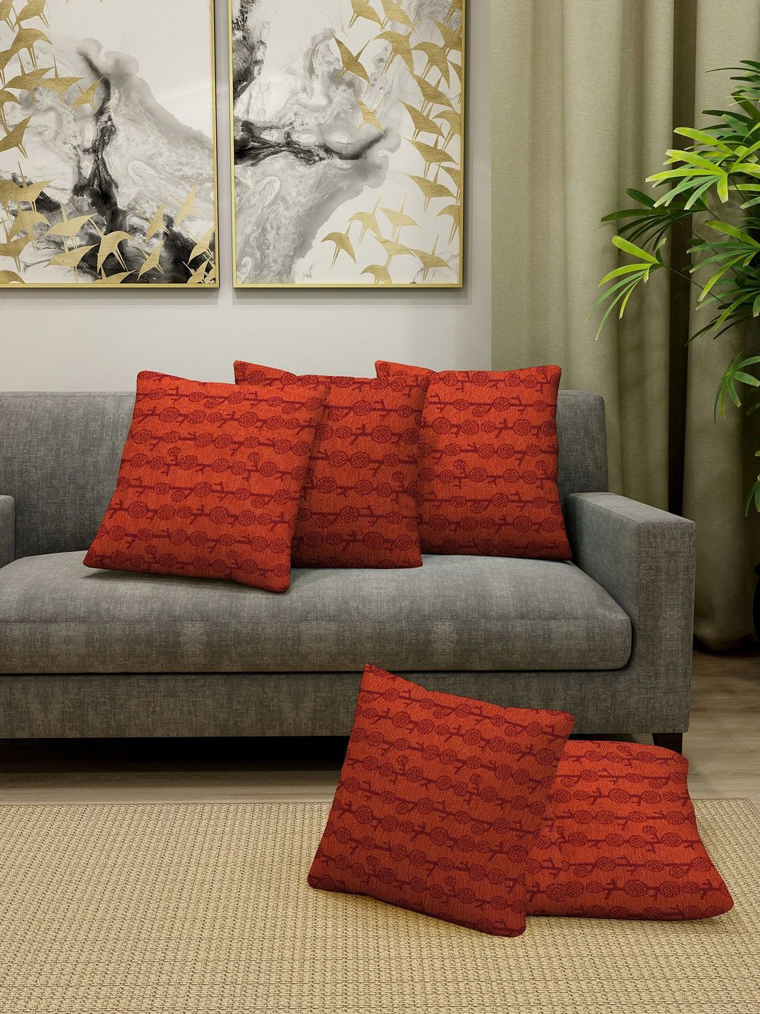 KLOTTHE Red Set of 5 Self Design Square Cushion Covers Price in India