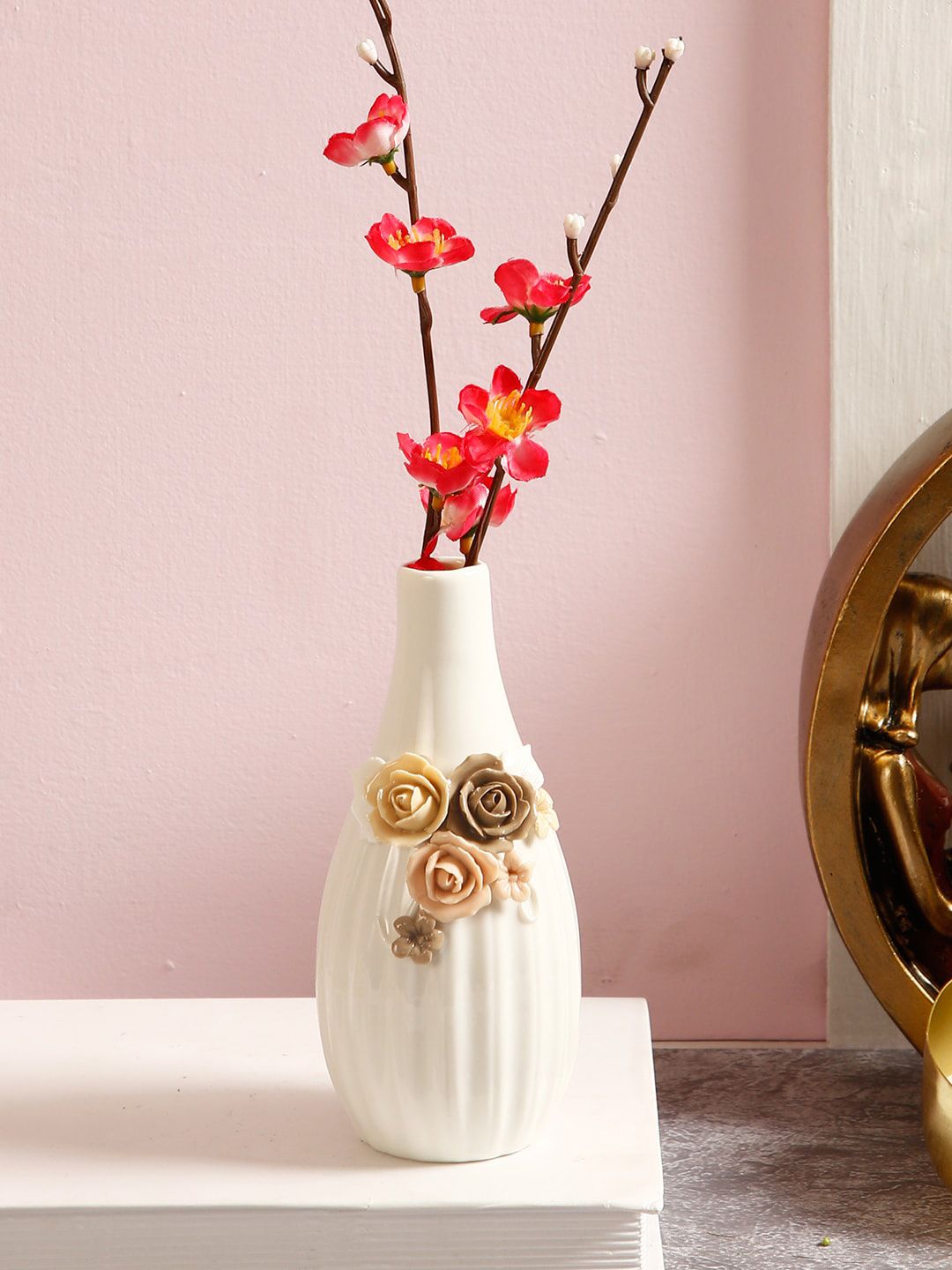 TAYHAA White & Beige Embellished Ceramic Flower Vase Price in India