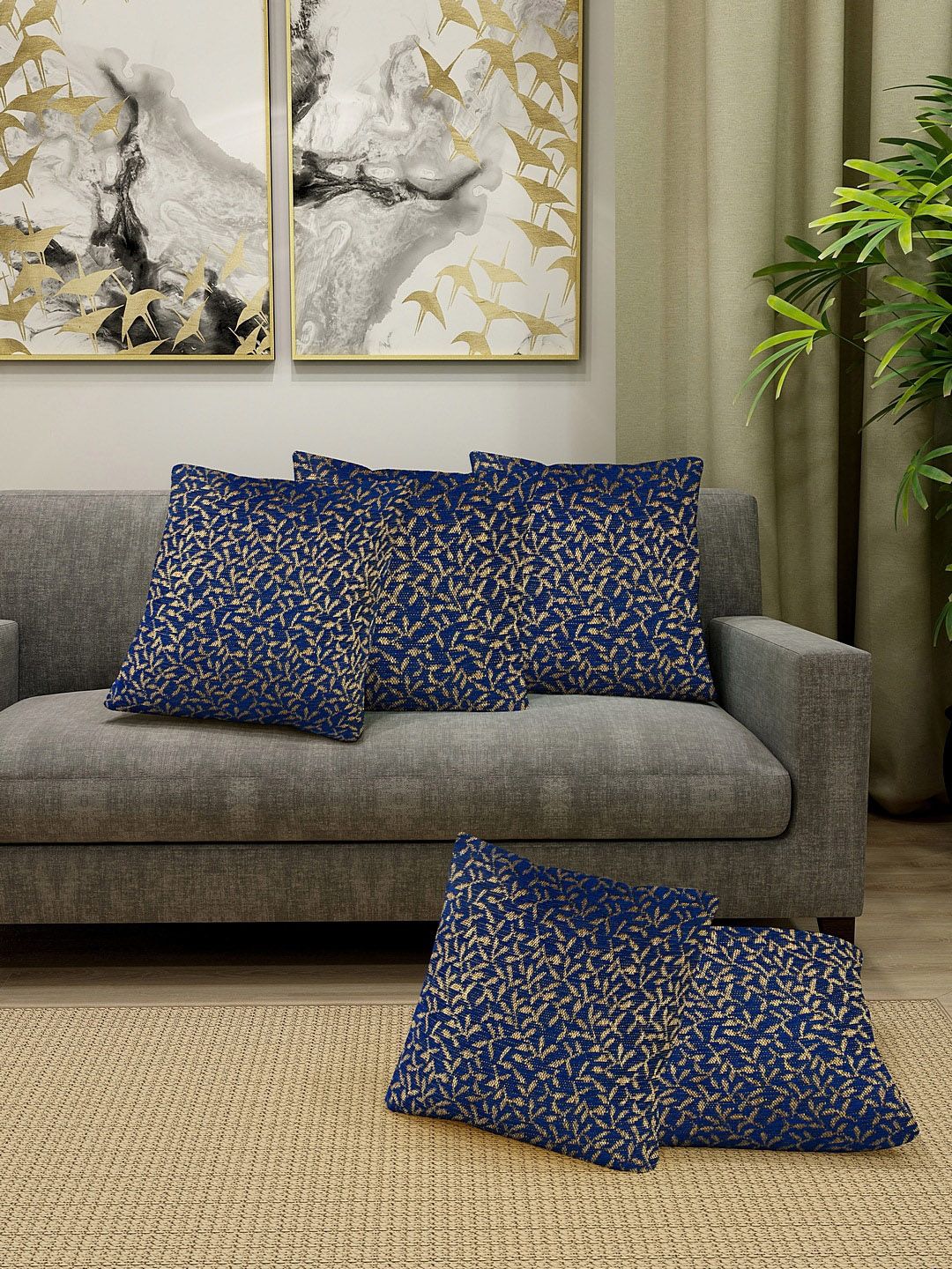 KLOTTHE Blue & Gold-Toned Set of 5 Self Design Square Cushion Covers Price in India