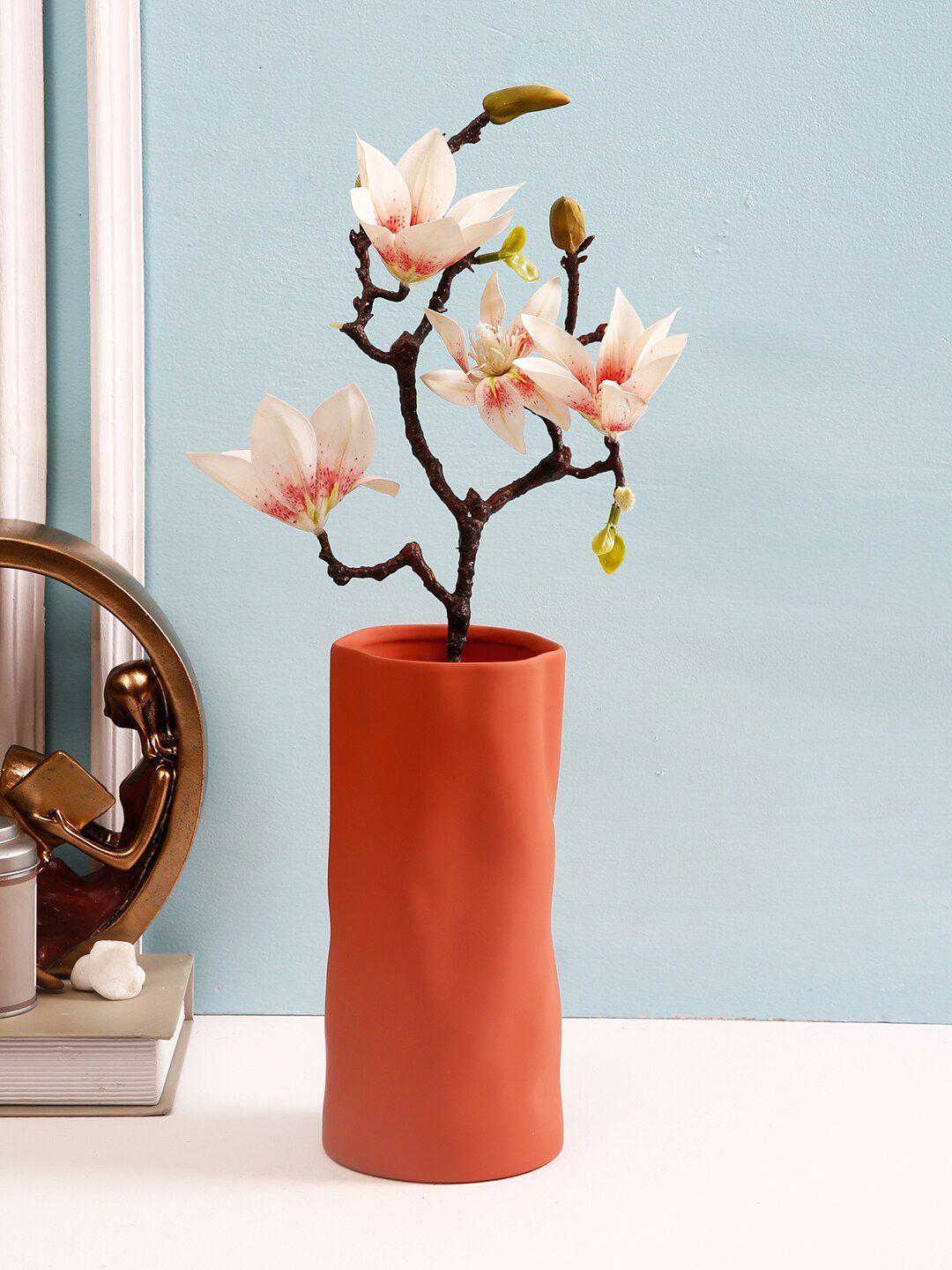 TAYHAA Orange Hand-Crafted Candle Shape Ceramic Vase Price in India
