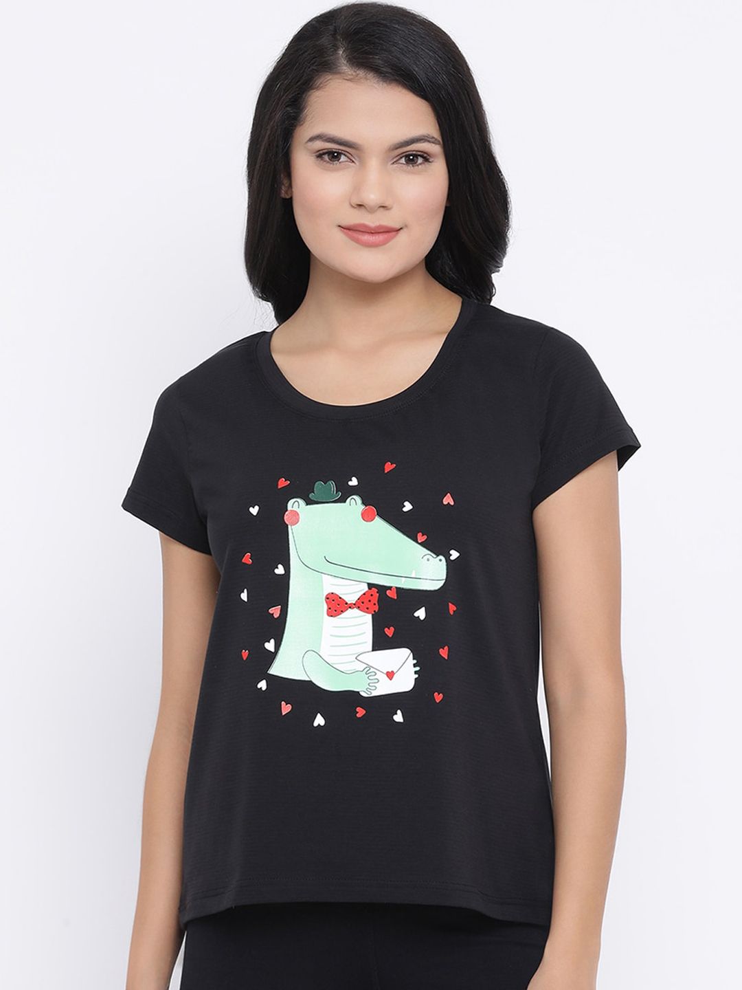 Clovia Women Black & Green Printed Lounge T-Shirt Price in India