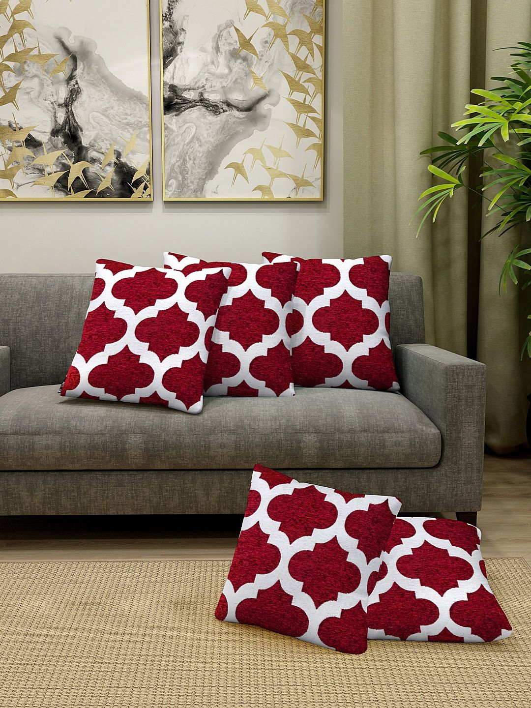 KLOTTHE Maroon & White Set of 5 Jacquard Patterned Square Cushion Covers Price in India