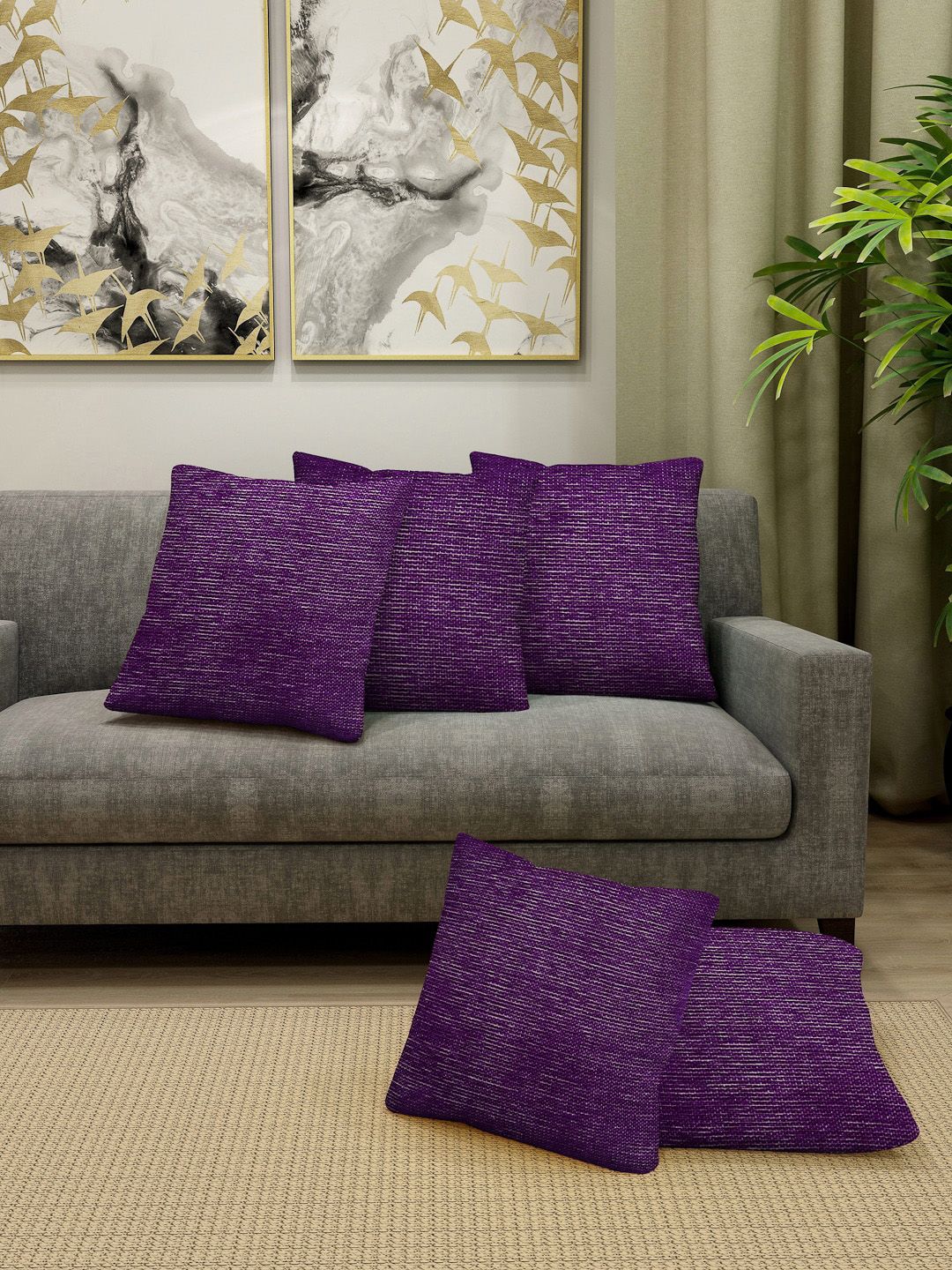 KLOTTHE Purple Set of 5 Self Design Square Cushion Covers Price in India