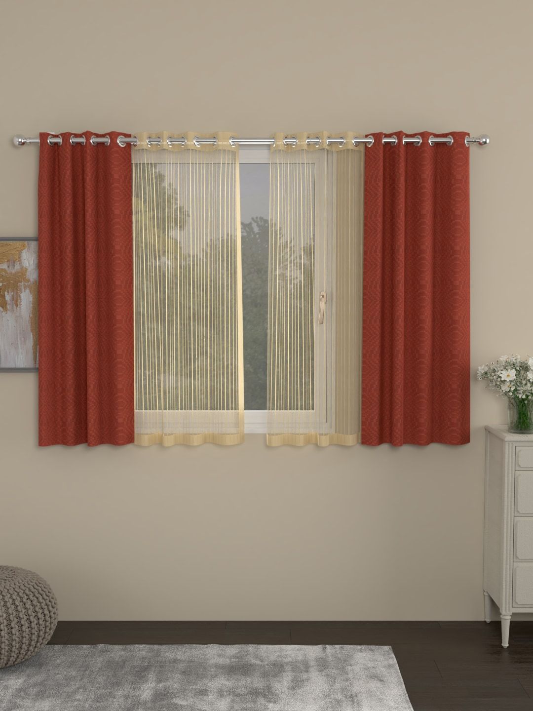 ROSARA HOME Rust & Gold-Toned Set of 4 Window Curtains Price in India