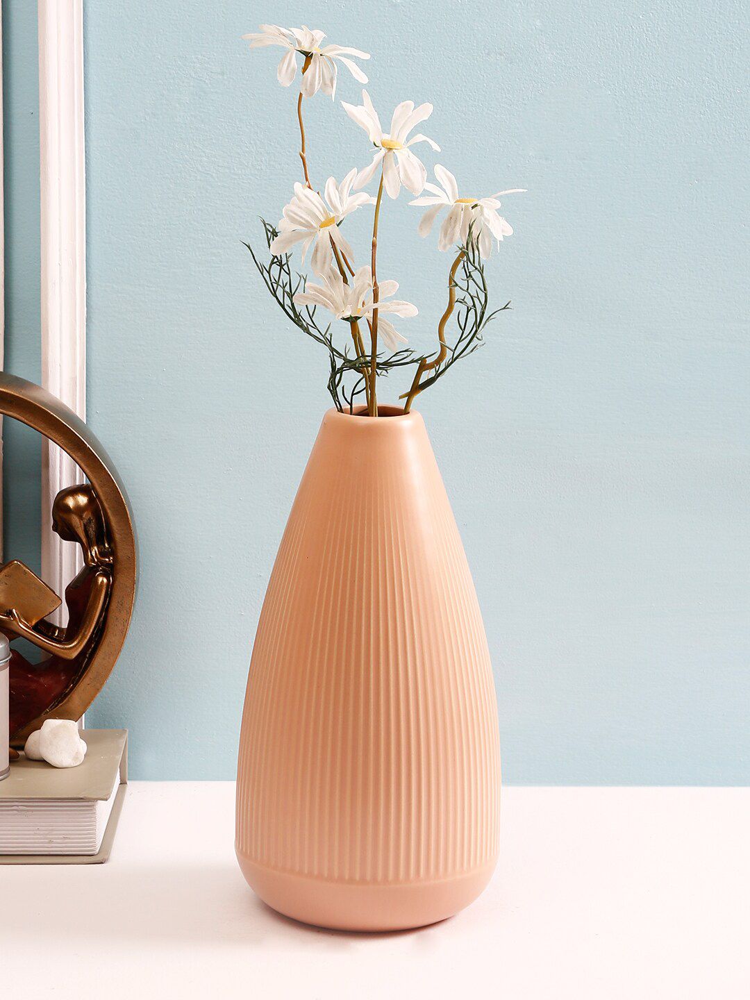 TAYHAA Peach-Coloured Self Striped Handcrafted Ceramic Flower Vase Price in India