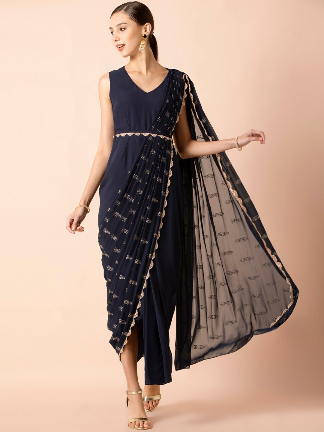 INDYA Navy Foil Pallu Belted Sari Tunic