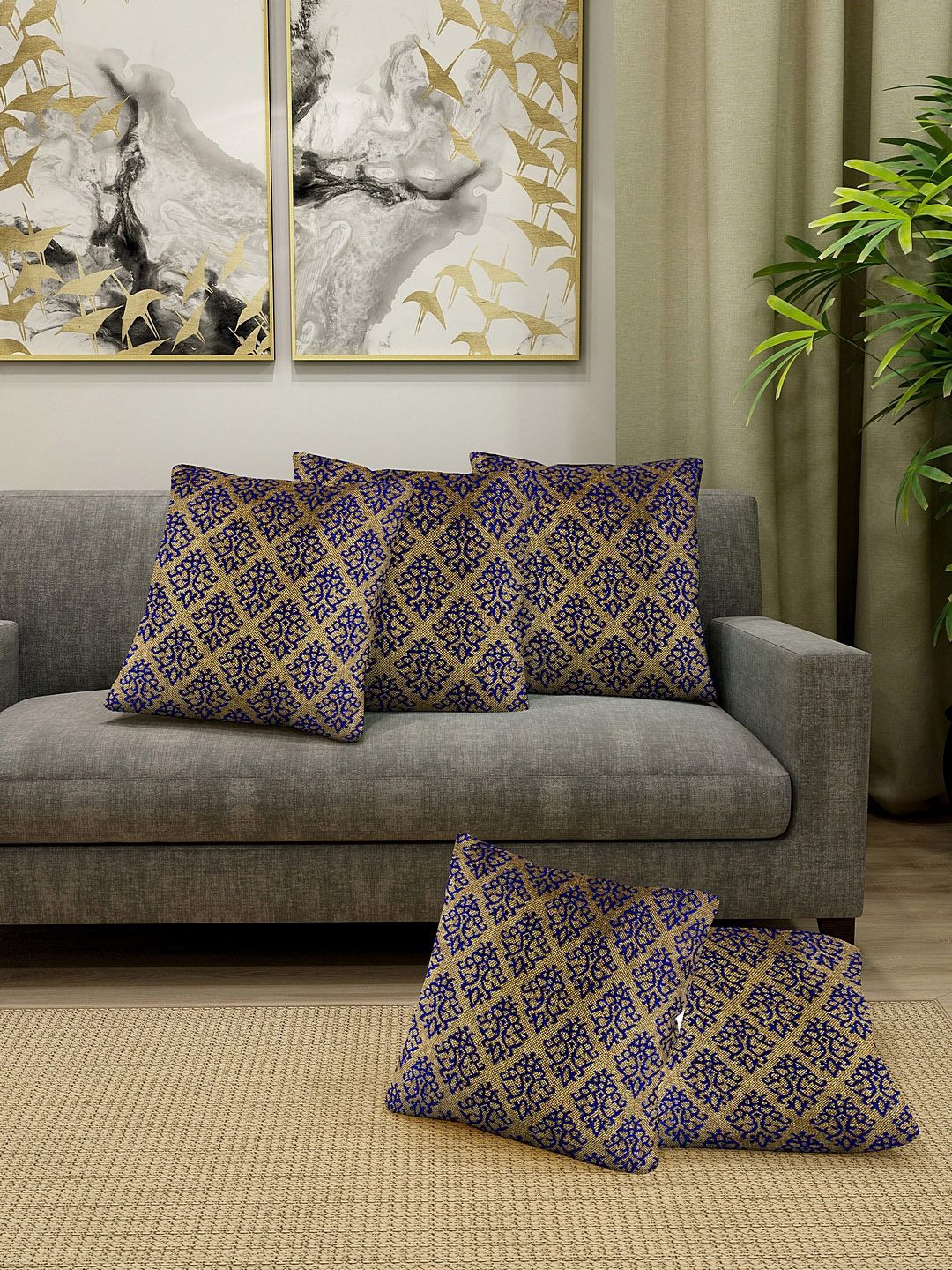 KLOTTHE Gold-Toned & Blue Set of 5 Embroidered Square Cushion Covers Price in India