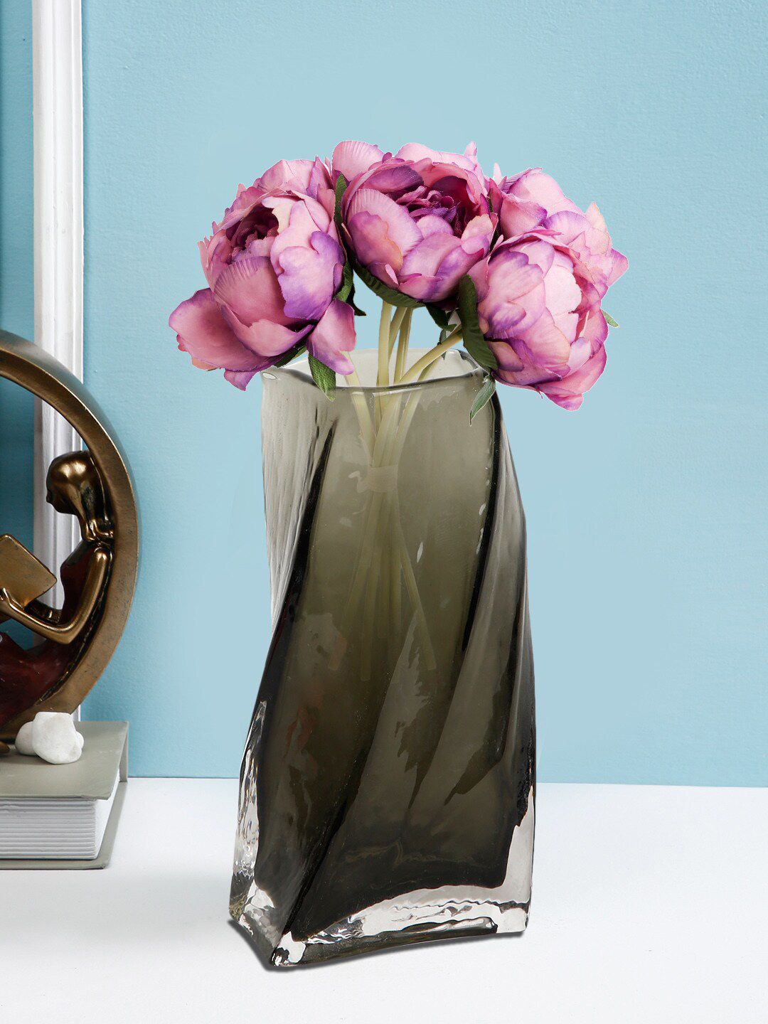 TAYHAA Grey Textured Handcrafted Glass Flower Vase Price in India