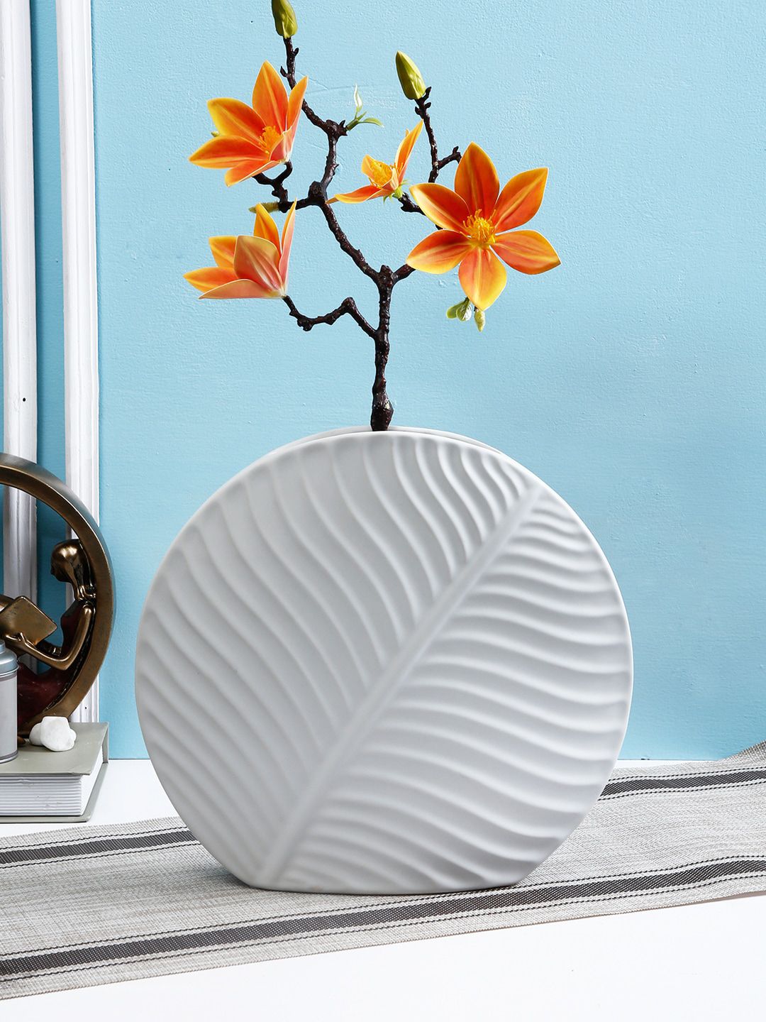TAYHAA White Textured Leaf Shape Ceramic Flower Vase Price in India