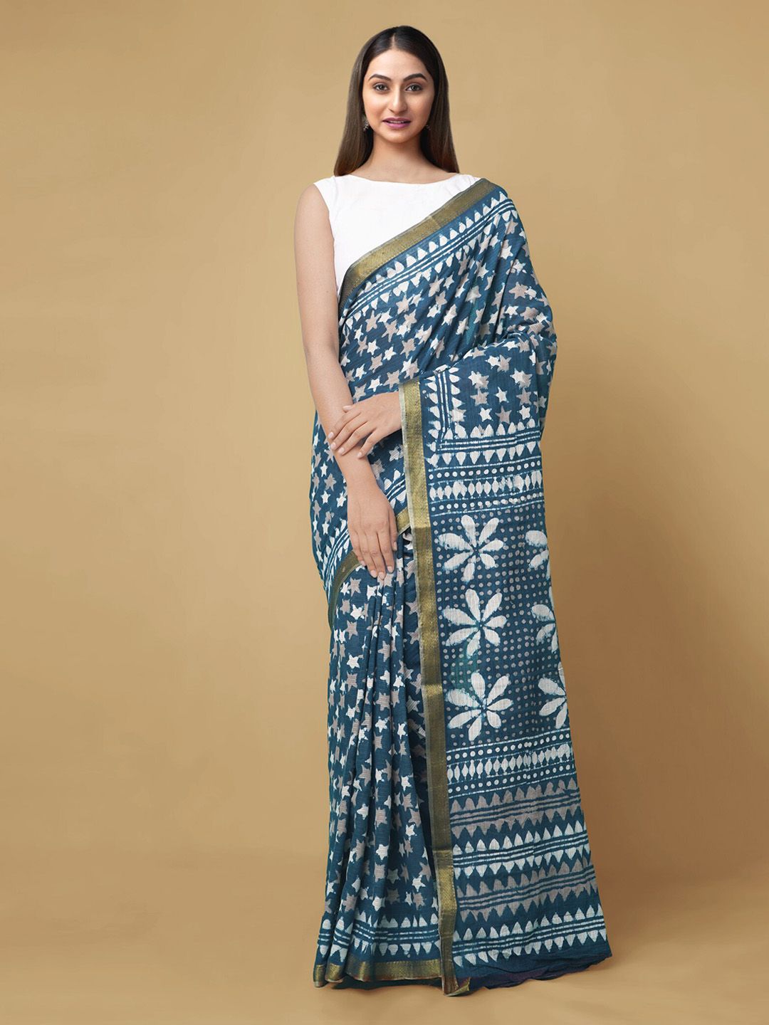 Unnati Silks Blue & Off-White Pure Cotton Printed Dabu Saree