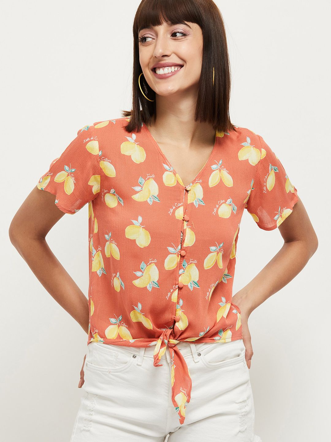 max Peach-Coloured Printed Blouson Top