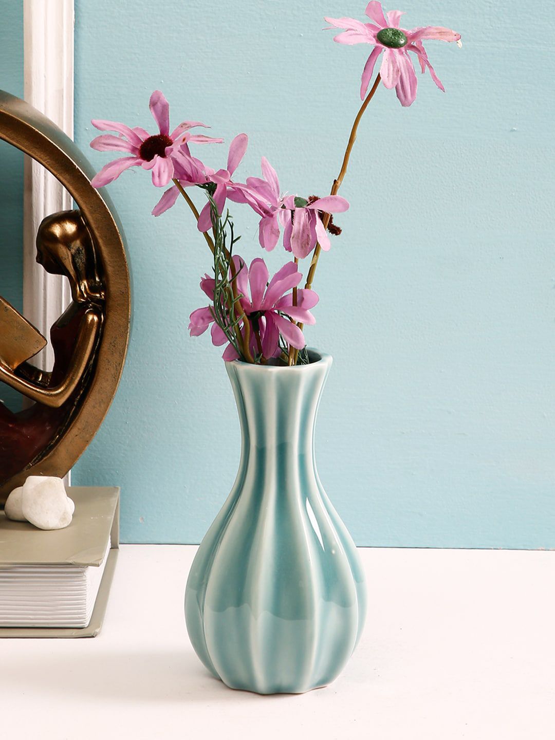 TAYHAA Blue & White Striped Ceramic Flower Vase Price in India