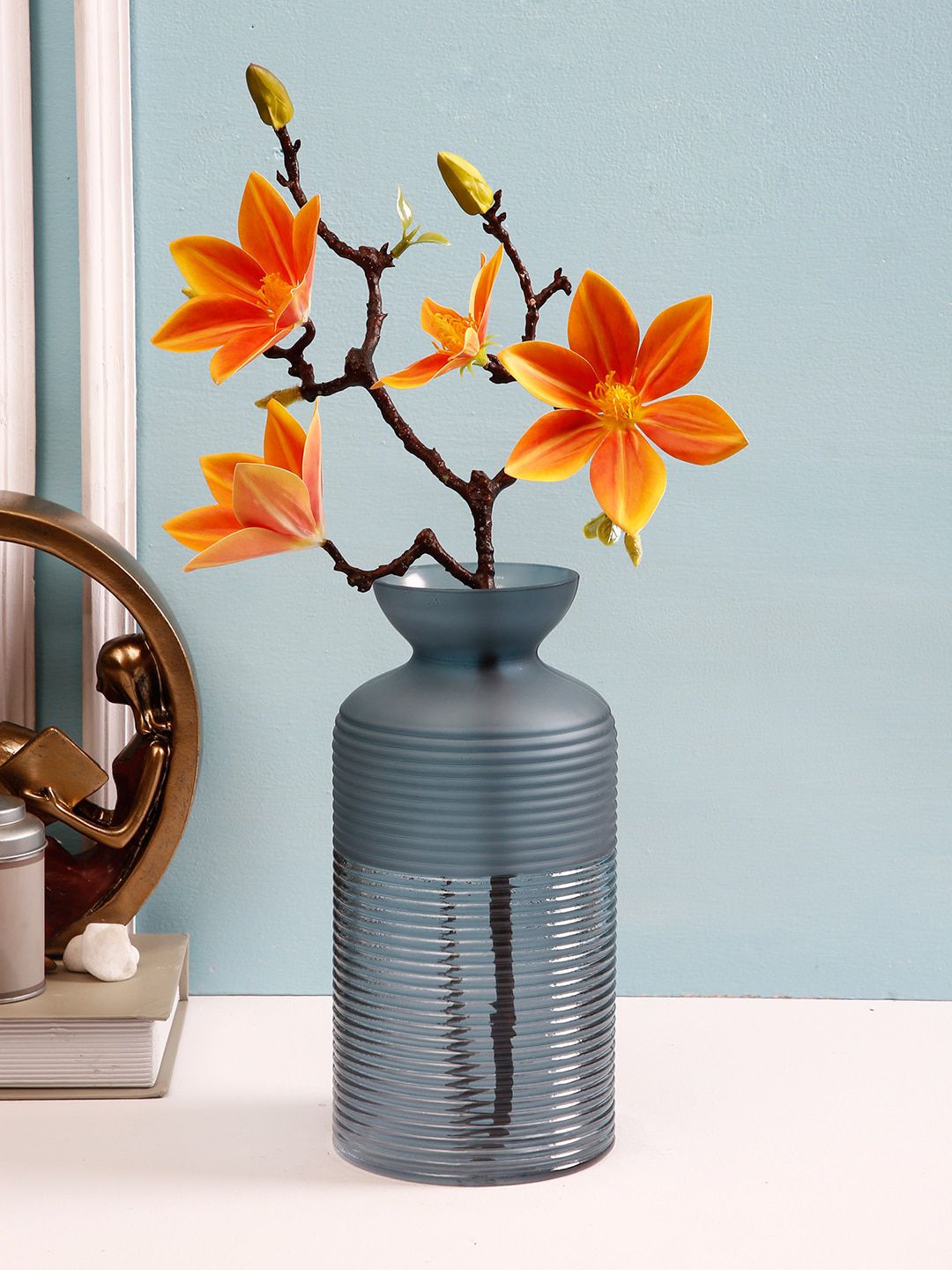 TAYHAA Grey Striped Thick Glass Flower Vase Price in India