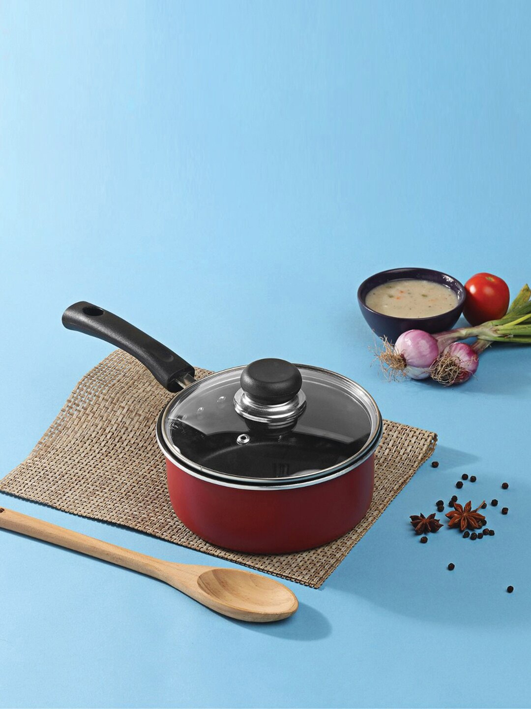 Vinod Maroon & Black Solid Non-Stick Induction Base Sauce Pan With Lid 1.6 L Price in India