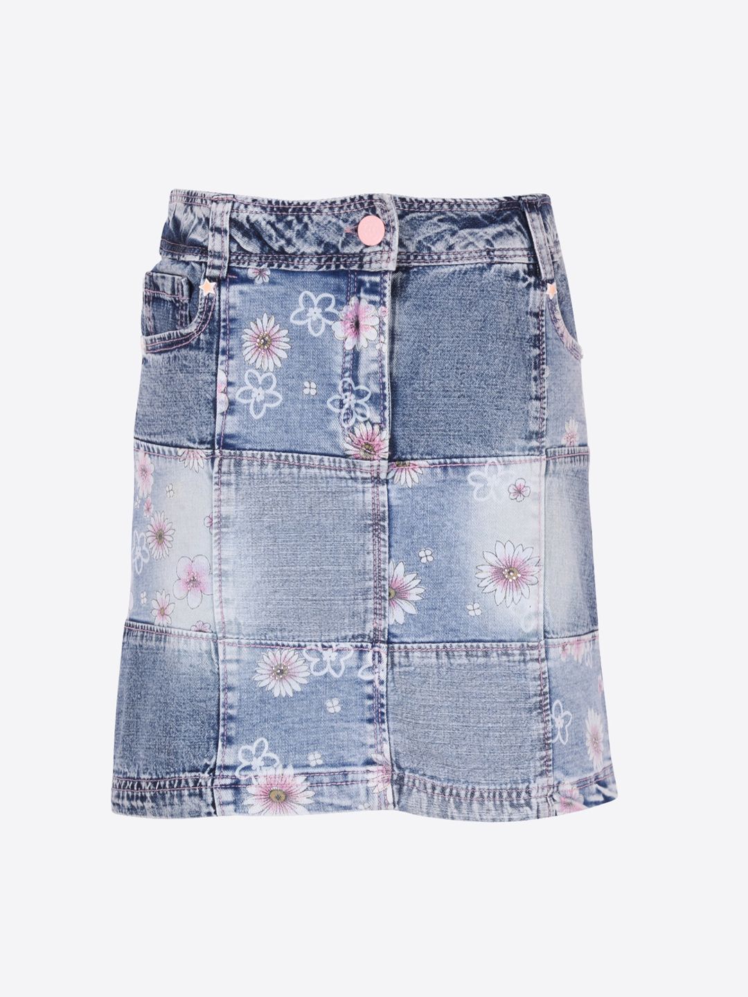 CUTECUMBER Girls Blue & Pink Printed Straight Knee-Length Denim Skirt
