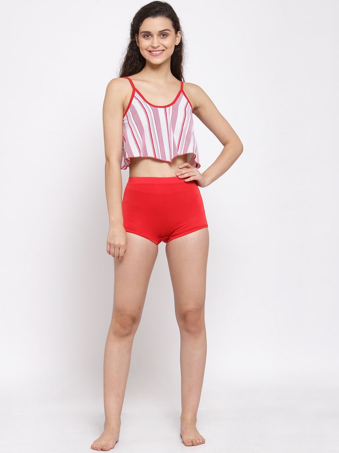 CUKOO Women Red & White Striped Padded Two-Piece Swim Set Price in India