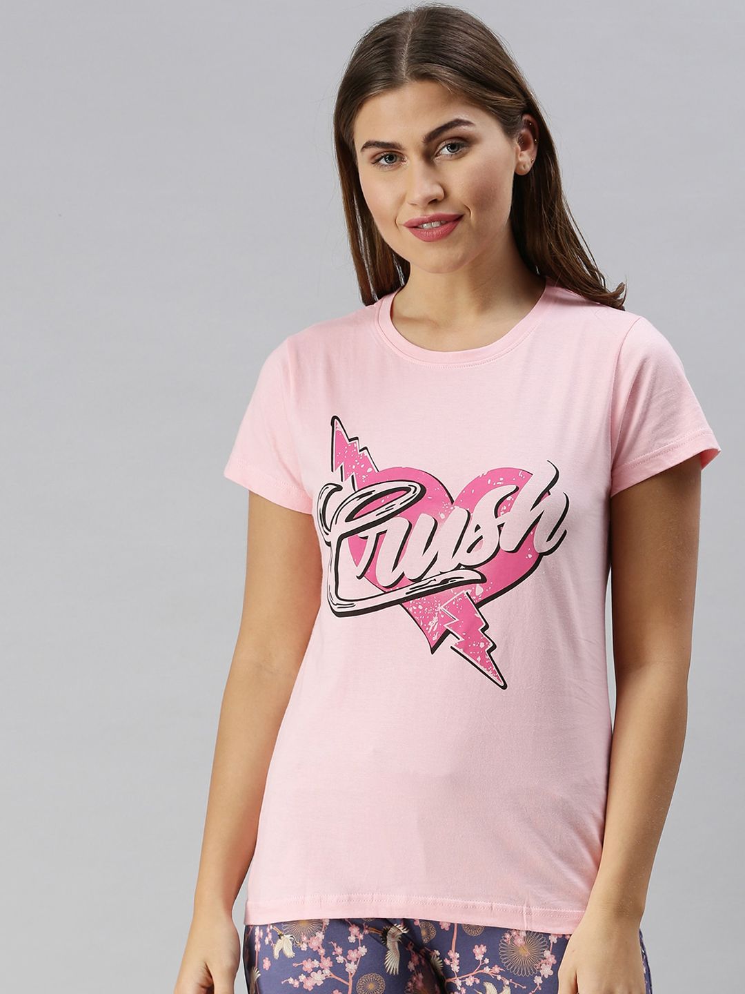 Kryptic Women Pink Typography Printed Pure Cotton Lounge T-Shirt Price in India