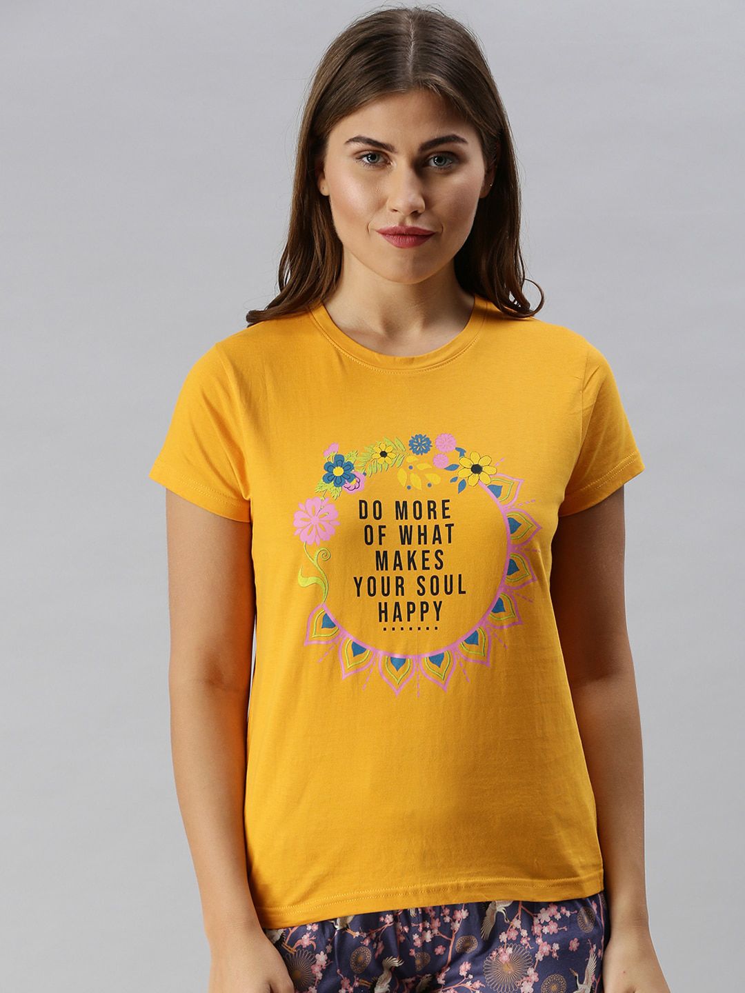 Kryptic Women Mustard Yellow & Black Typography Printed Pure Cotton Lounge T-Shirt Price in India