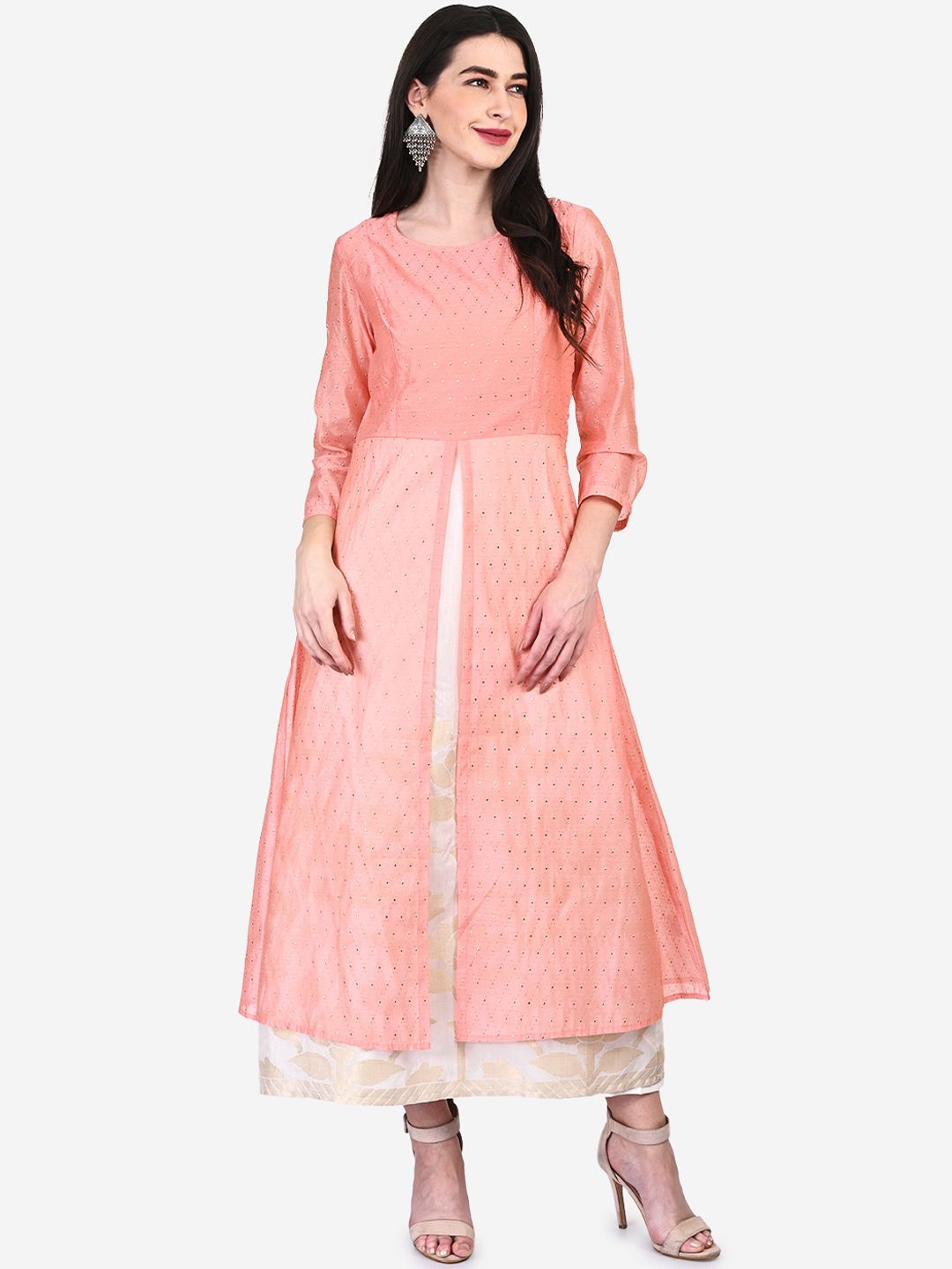Be Indi Women Pink Self Design Fit and Flare Dress Price in India
