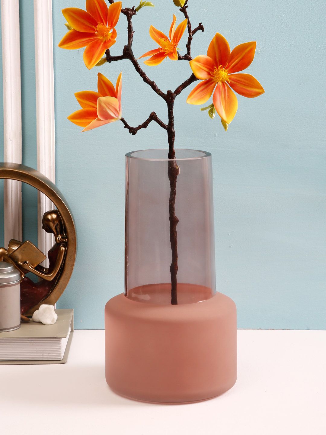 TAYHAA Rust Brown Solid Handcrafted Thick Glass Flower Vase Price in India