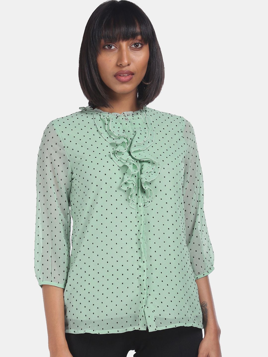 ELLE Sea Green Printed Regular Top