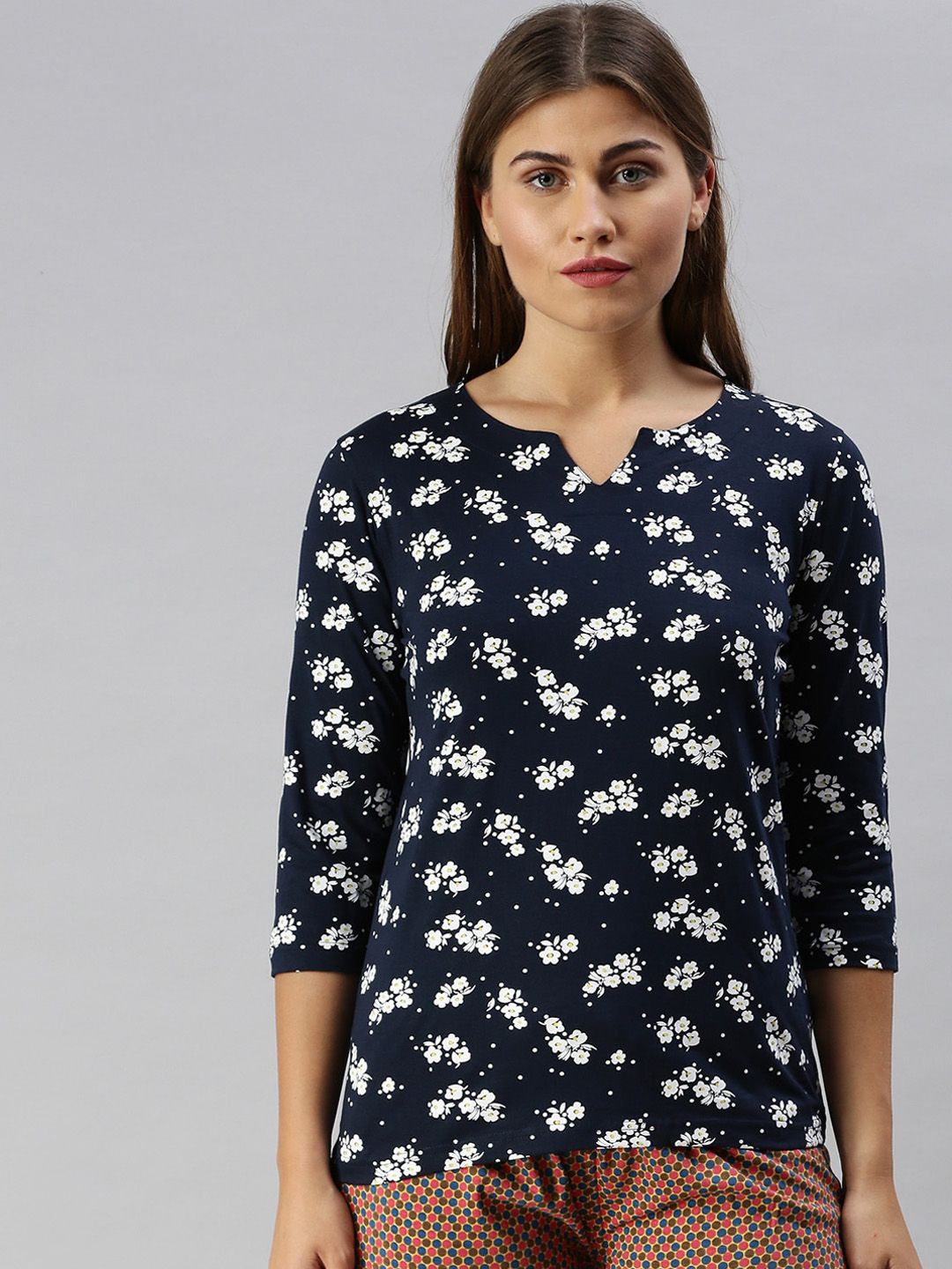 Kryptic Women Navy Blue & White Floral Printed Pure Cotton Lounge T-Shirt Price in India