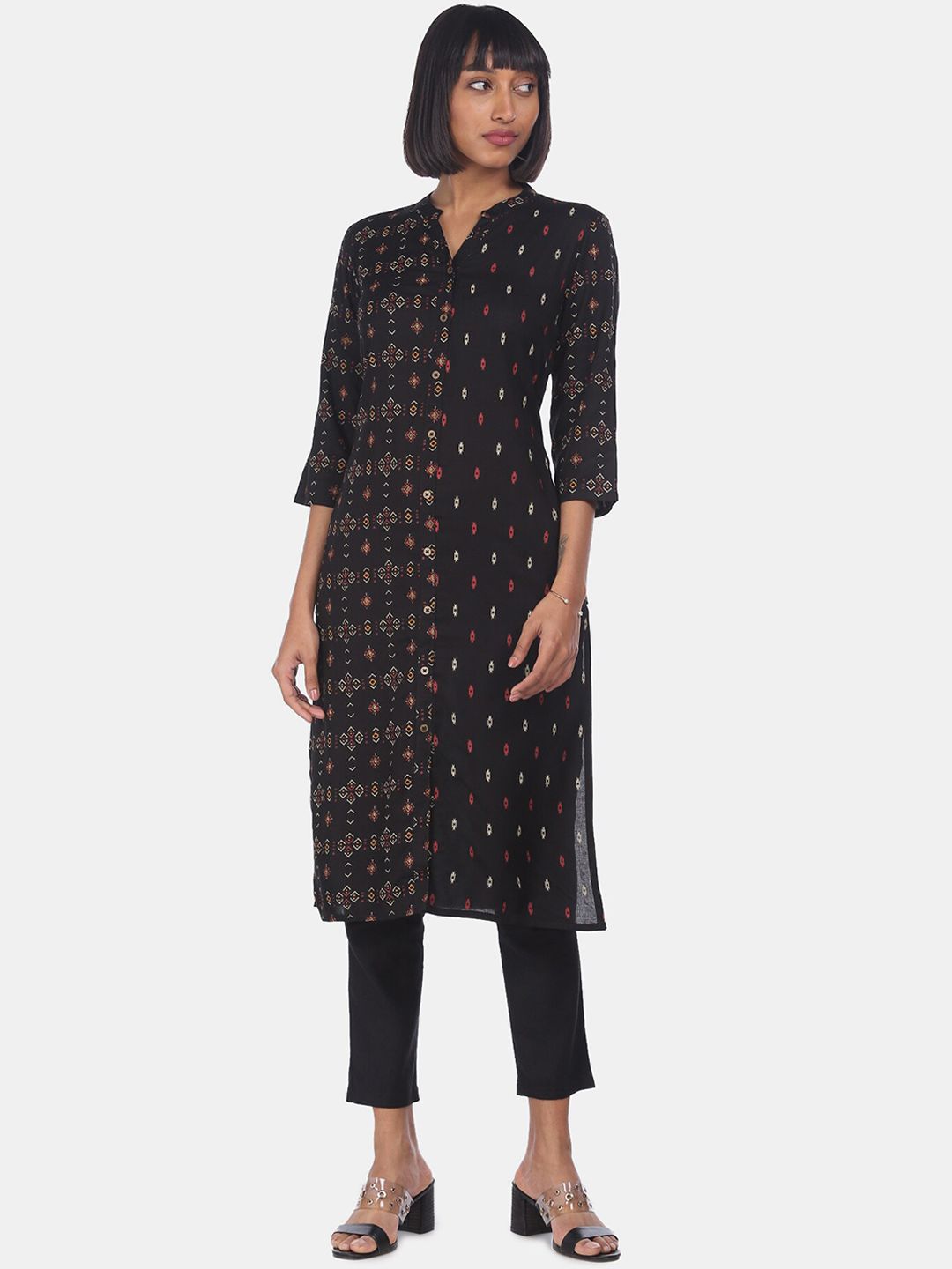 Karigari Women Black & Off White Ethnic Motifs Printed Kurta