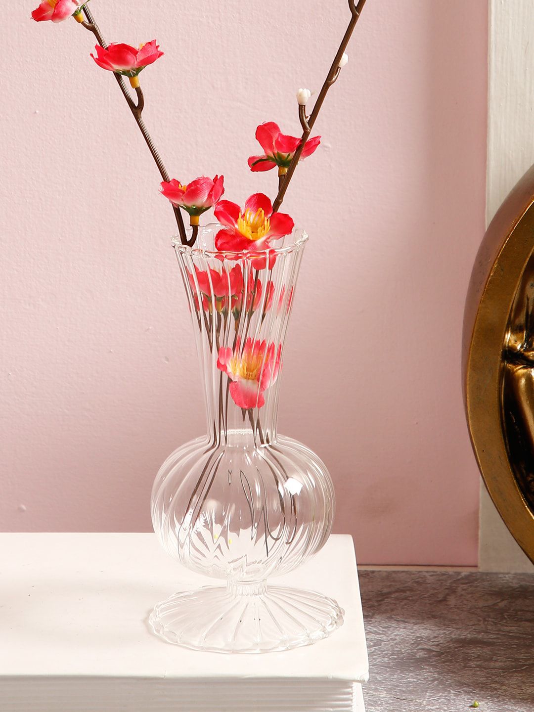 TAYHAA Transparent Textured Handcrafted Glass Flower Vase Price in India