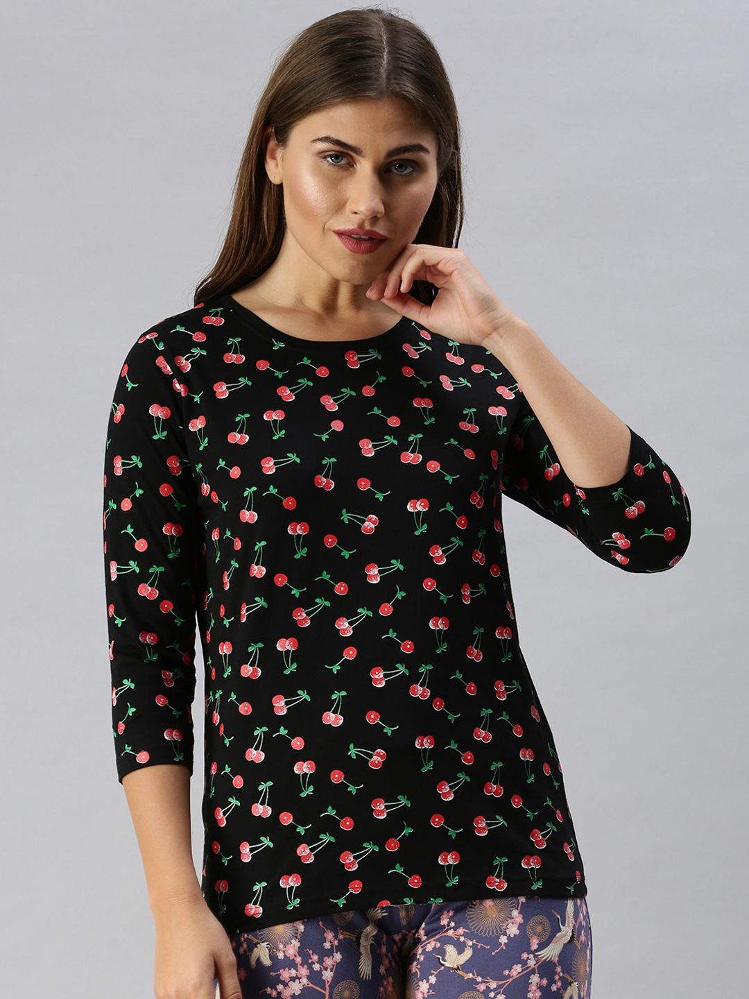 Kryptic Women Black & Pink Cherry Printed Pure Cotton Lounge T-Shirt Price in India