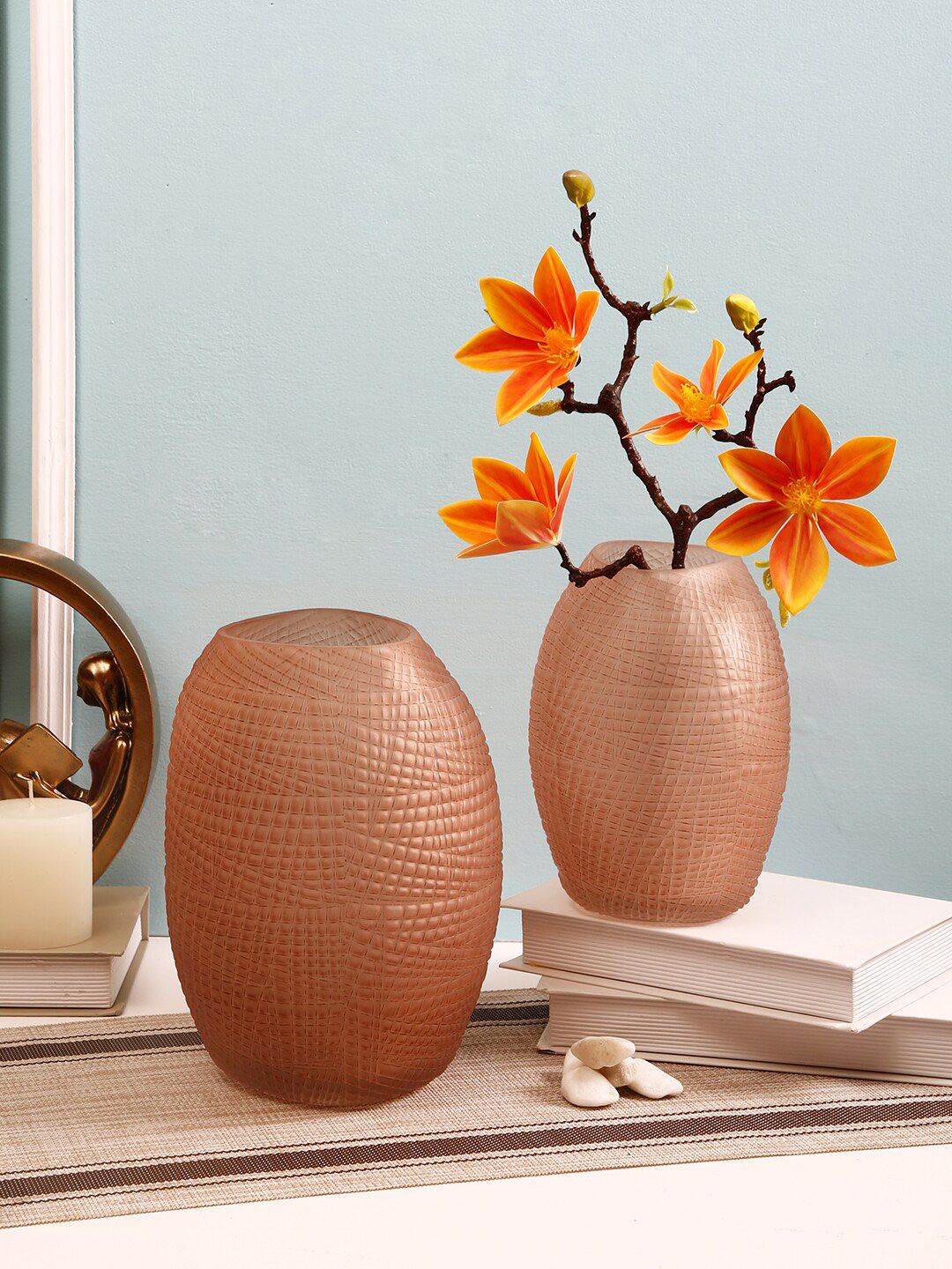 TAYHAA Set Of 2 Rose Gold-Toned Textured Handcrafted Glass Flower Vase Price in India