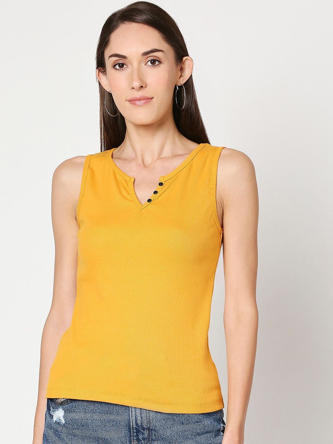 Bewakoof Women Yellow Solid V-Neck T-shirt