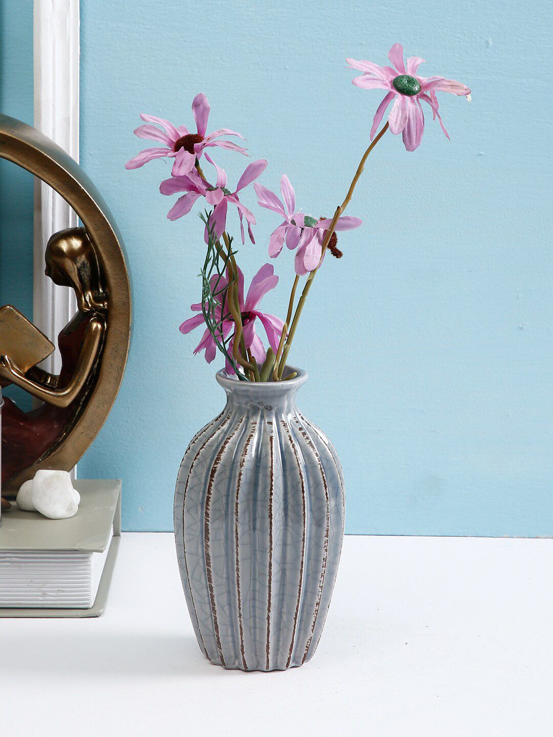 TAYHAA Grey & Brown Textured Handcrafted Flower Vase Price in India