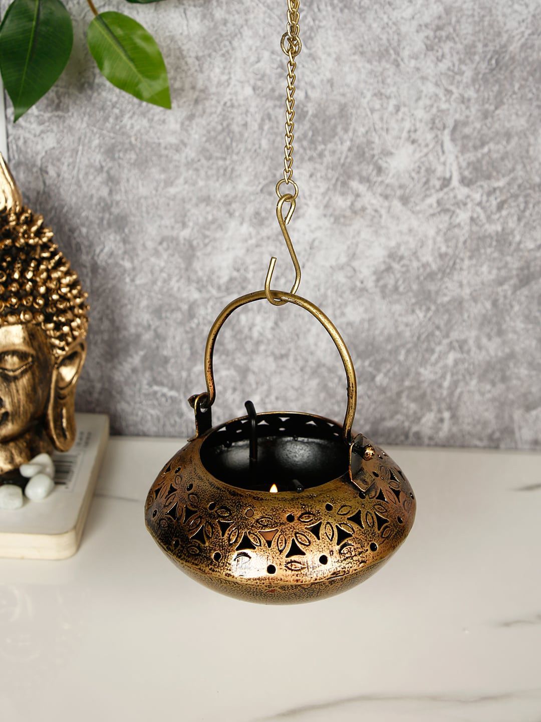 CraftVatika Gold-Toned Metal Degchi Hanging Tealight Candle Holder Price in India