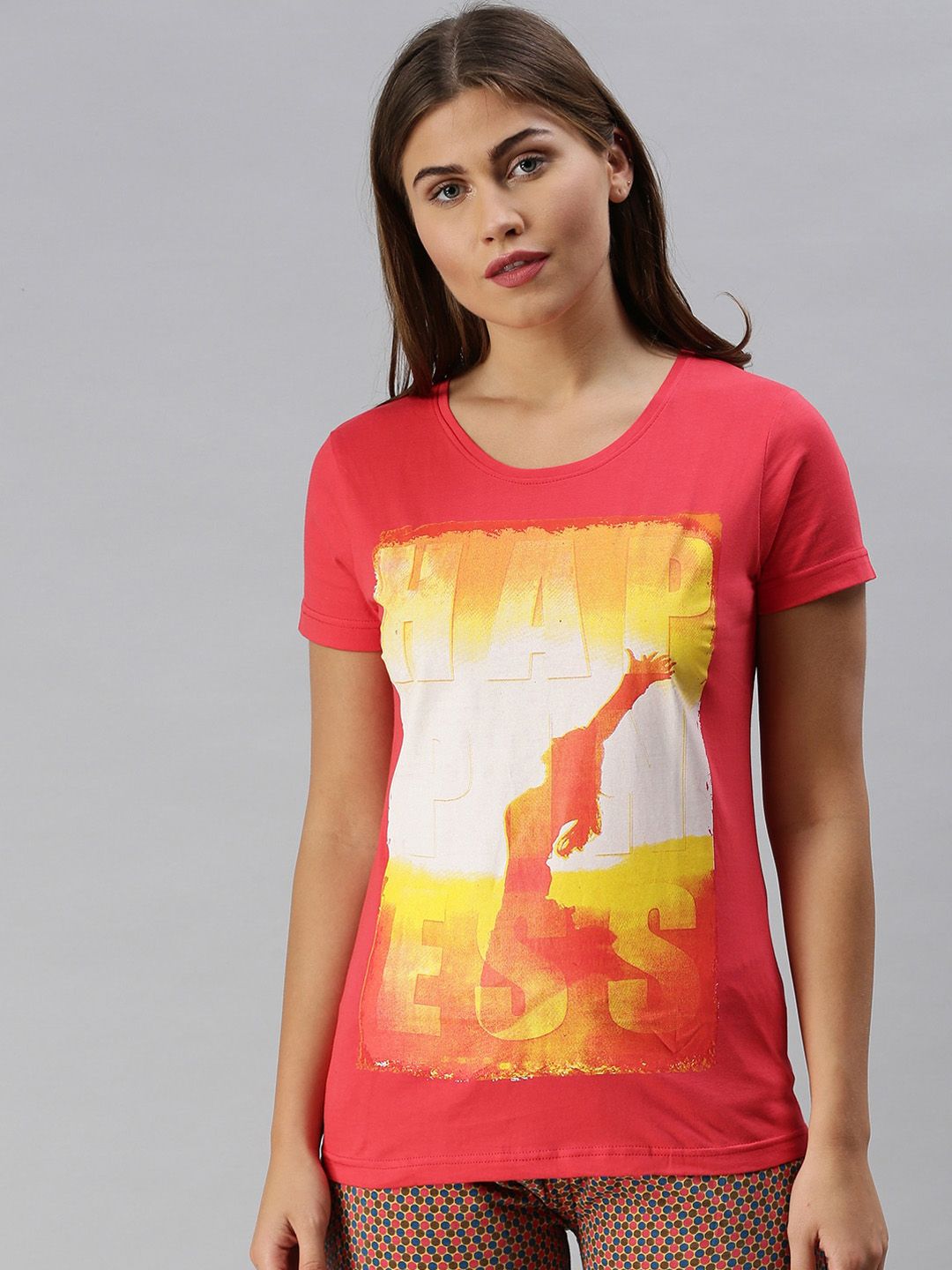 Kryptic Women Pink & Yellow Printed Pure Cotton Lounge T-Shirt Price in India