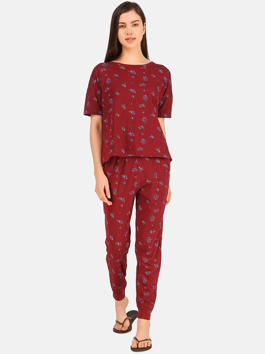 Masha Women Maroon & Blue Printed Pure Cotton Night Suit NSPJRN-Flr Price in India