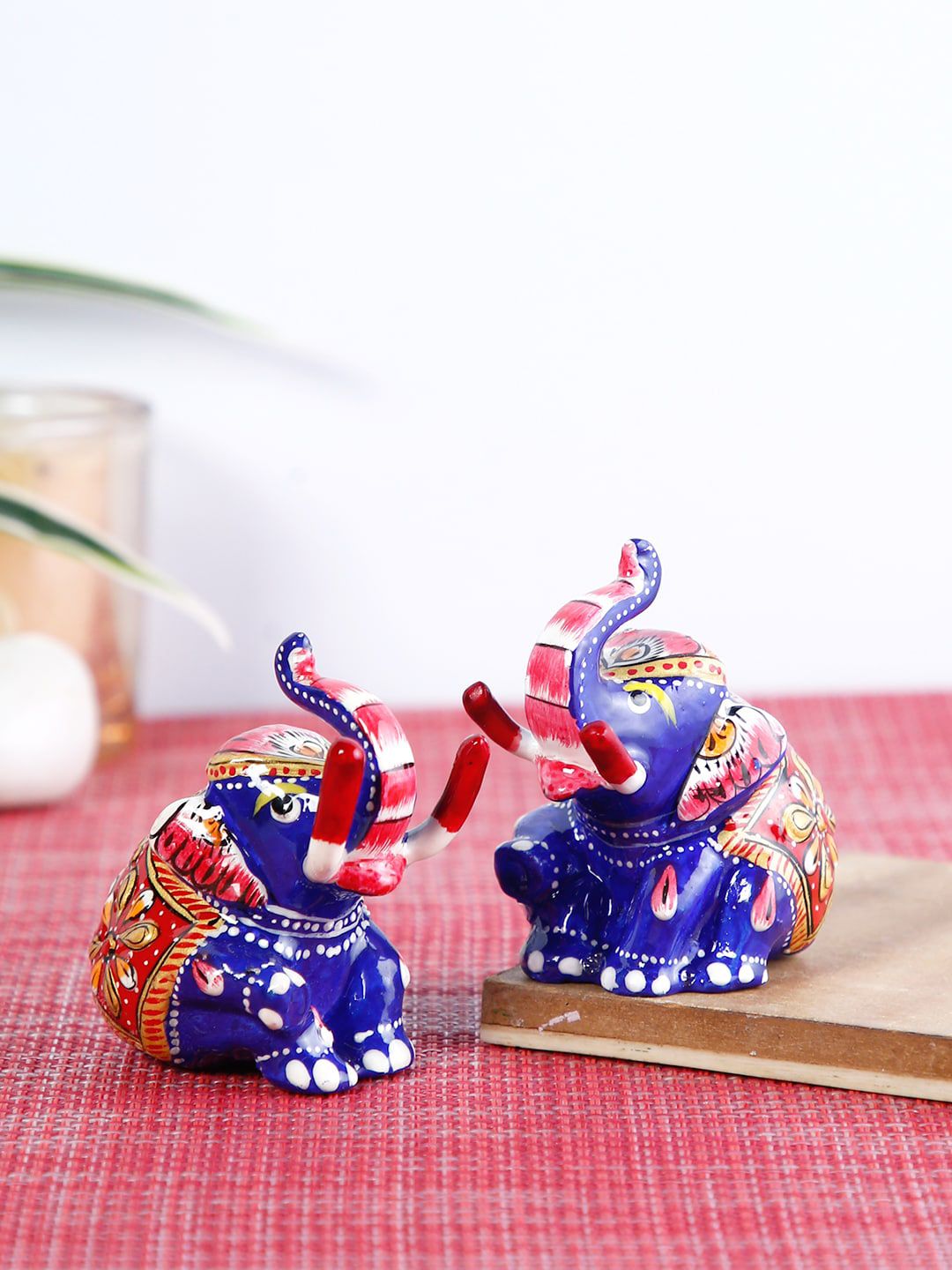 CraftVatika Set Of 2 Blue & Red Hand-Painted Metal Elephant Pair Figurine Price in India