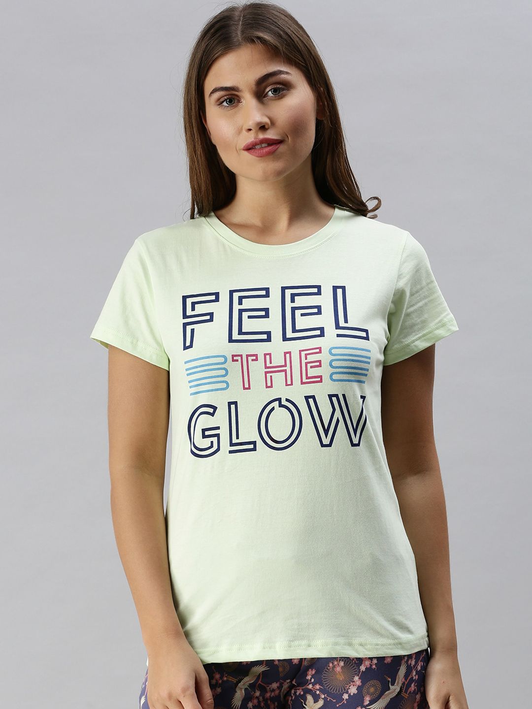 Kryptic Women Mint Green & Blue Typography Print Pure Cotton Lounge T-Shirt Price in India