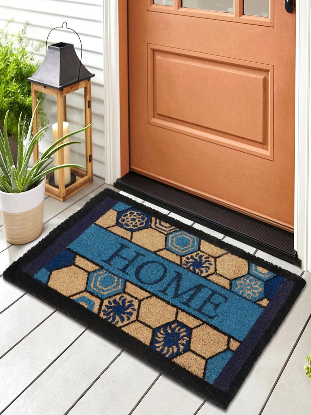 HOKIPO Brown & Black Geometric Printed Rectangular Coconut Coir Anti-Skid Doormat Price in India