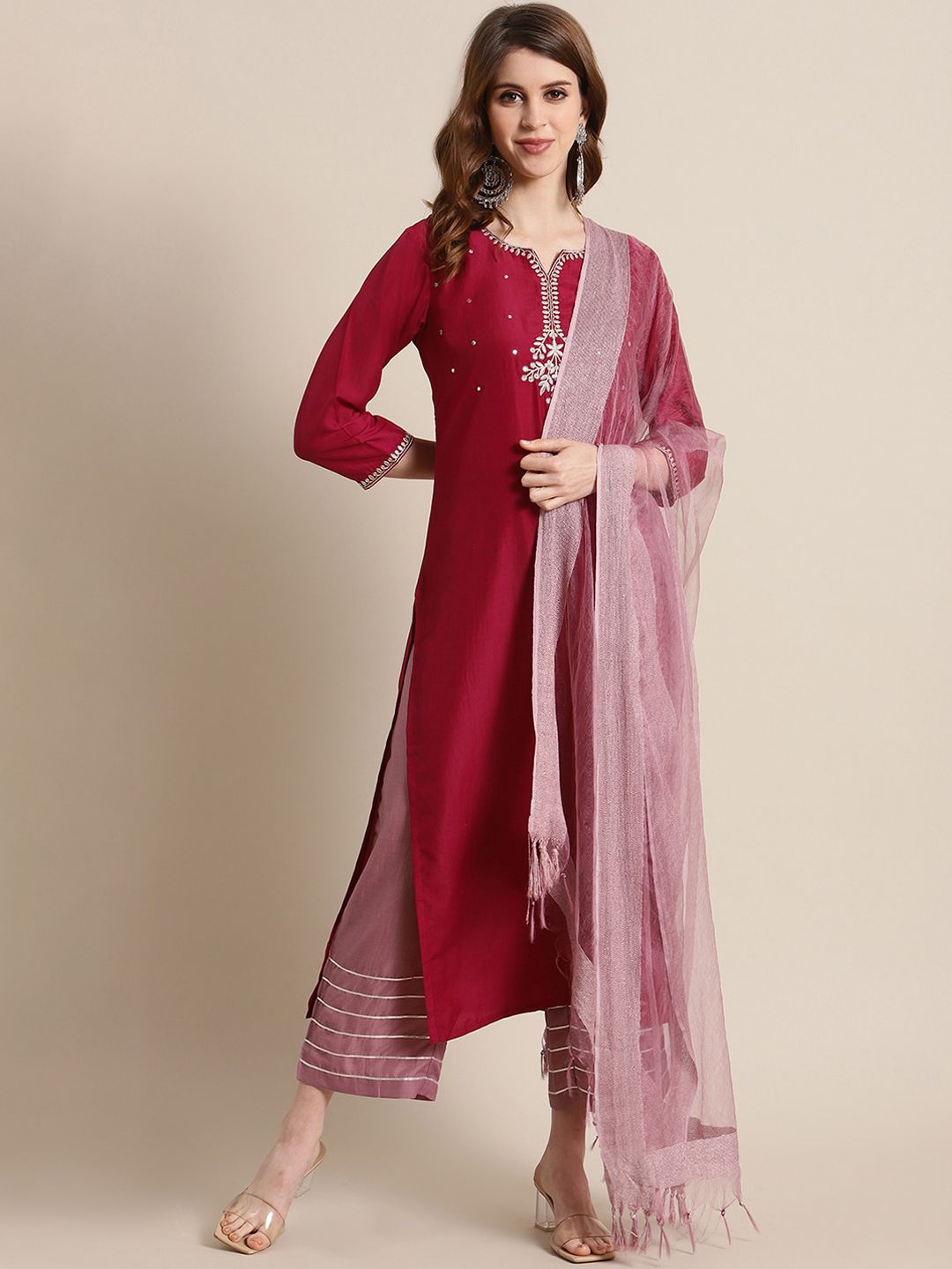 Varanga Women Maroon & Mauve Yoke Design Kurta with Trousers & Dupatta Price in India