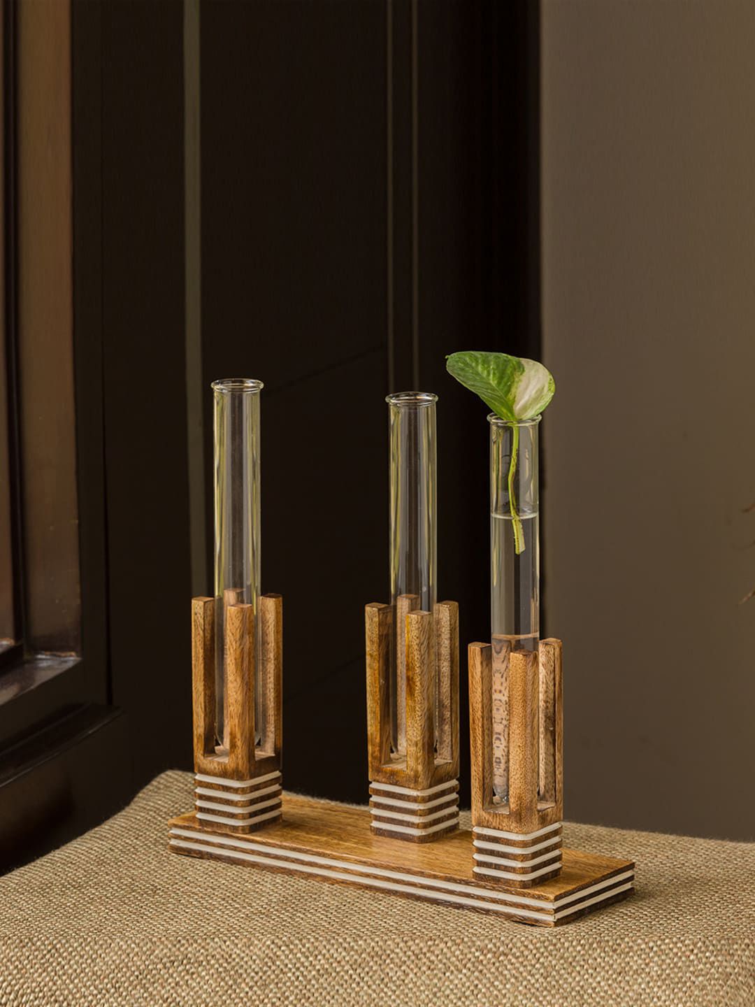 ExclusiveLane Brown Glass Trio Pillars Handcrafted Table Planter Tubes With Wooden Holder Price in India