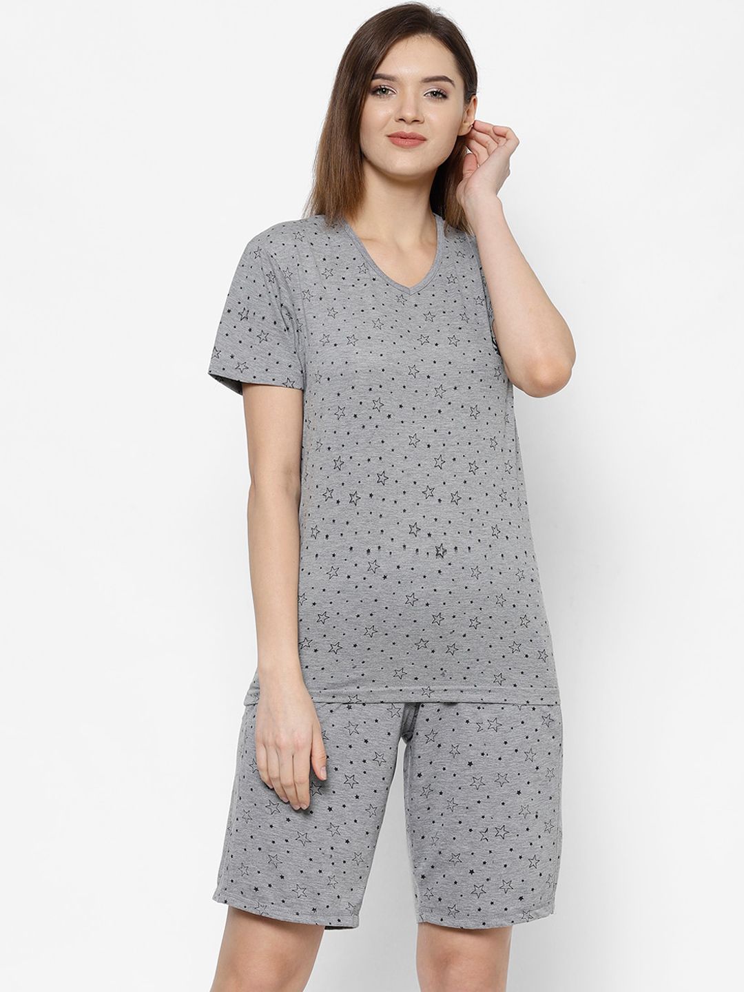 VIMAL JONNEY Women Grey & Black Printed T-shirt and Shorts Price in India