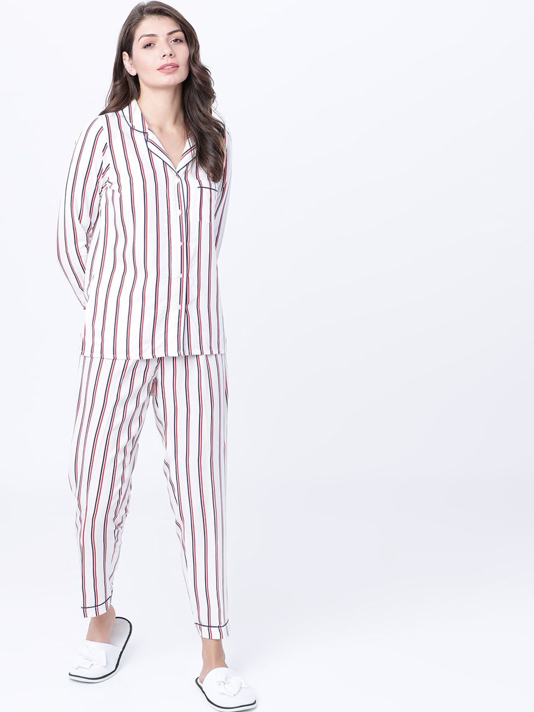 Tokyo Talkies Women White & Red Striped Night suit Price in India