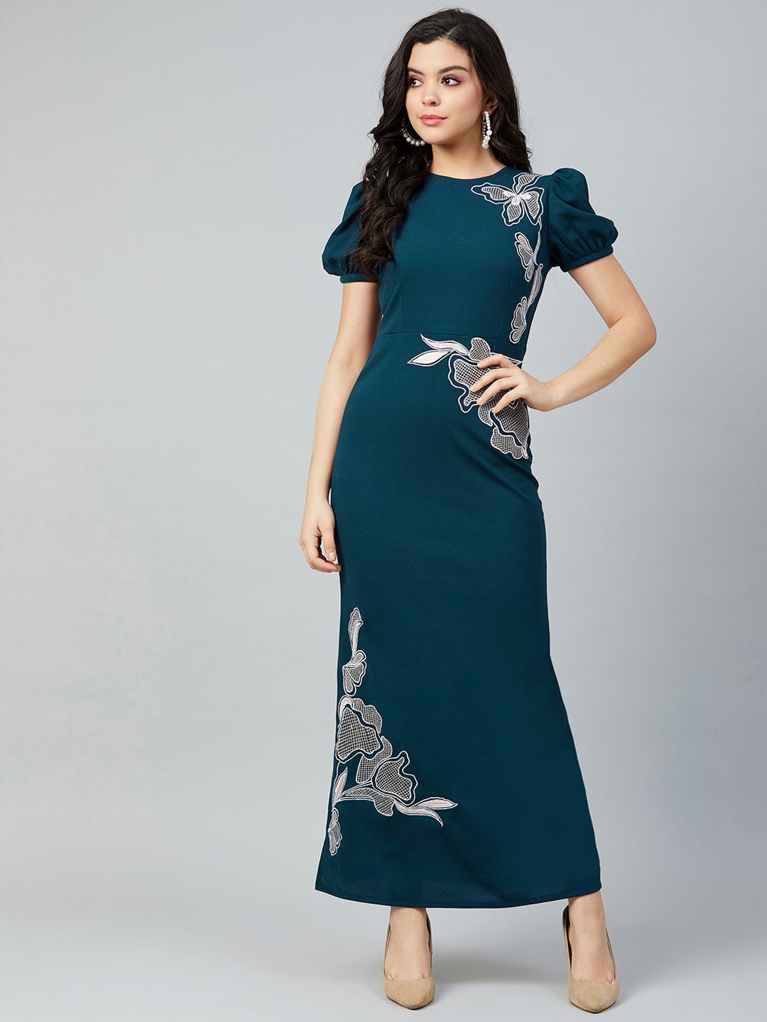 Athena Teal Blue & White Embroidered Maxi Dress Price in India