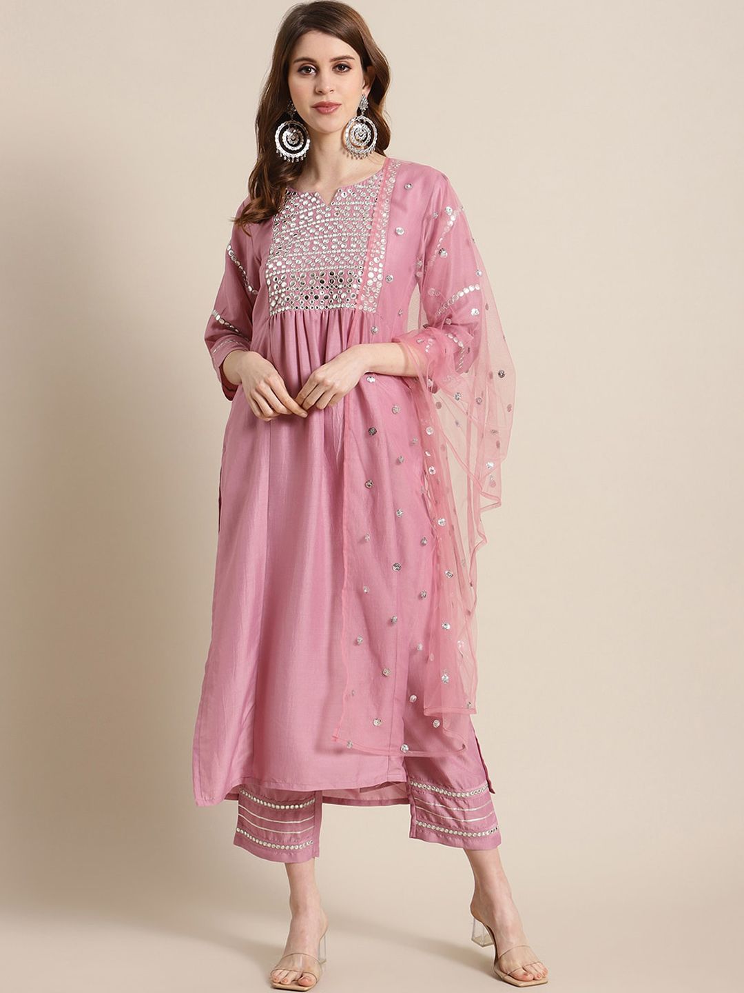 Varanga Women Pink & Silver-Toned Yoke Design Kurta with Palazzos & Dupatta Price in India