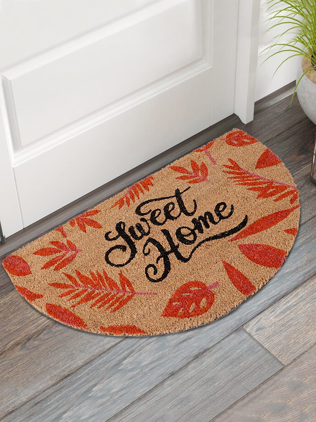 HOKIPO Camel Brown & Orange Leaf Printed Coconut Coir Anti-Skid Doormat Price in India