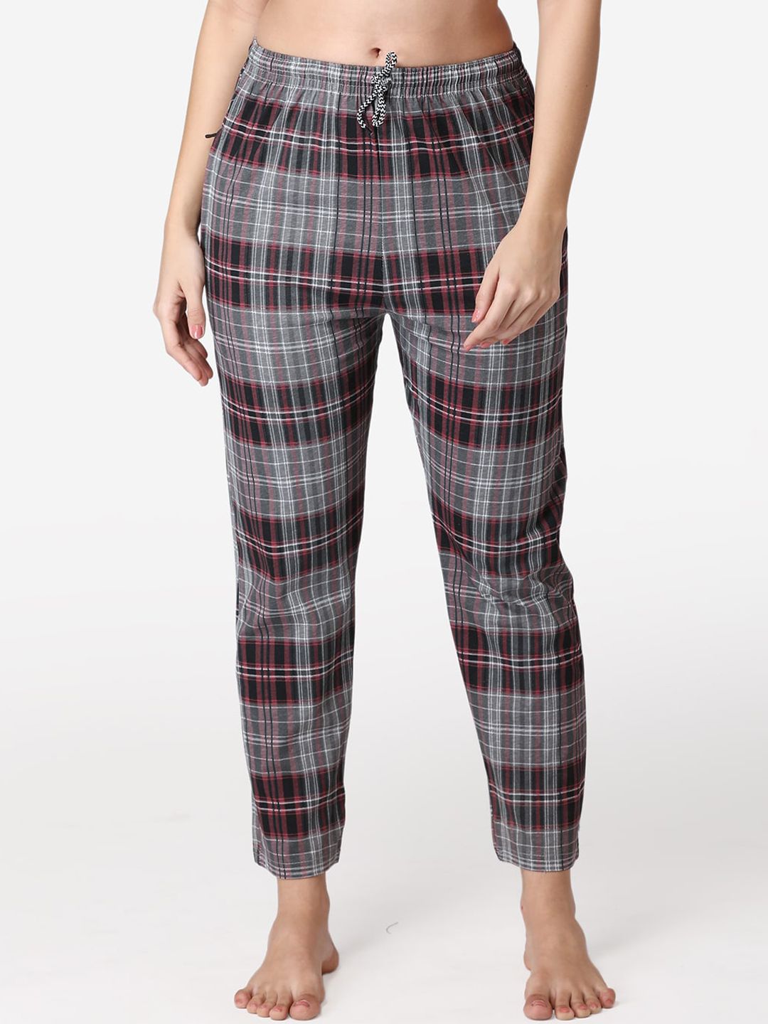 ABELINO Women Black & Grey Pure Cotton Checked Lounge Pants Price in India