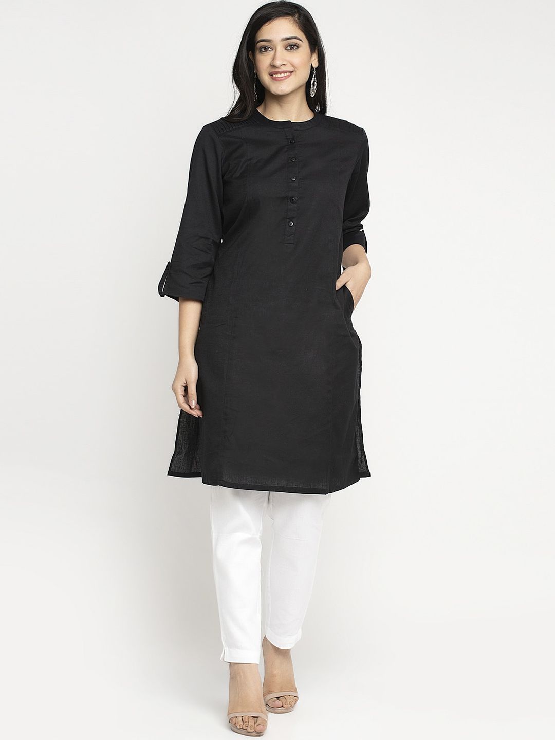 Ayaany Women Black Roll-Up Sleeves Round Neck Kurta Price in India