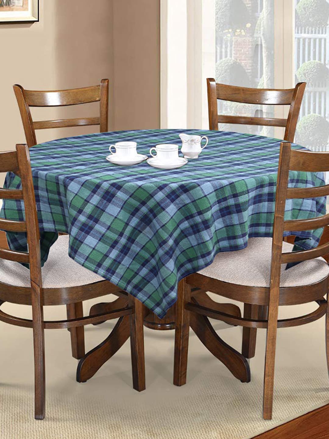 Mezposh Blue & Green Checked 4-Seater Square Table Cover Price in India